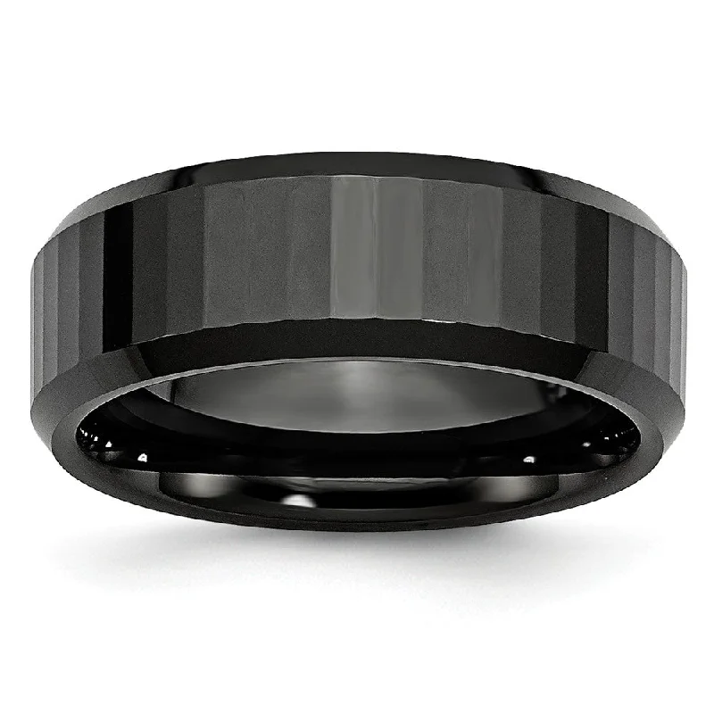 Ladies rings heart cut designs-Black Ceramic, 8mm Beveled Edge And Faceted Comfort Fit Band