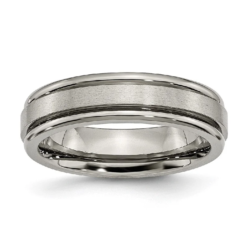 Ladies rings adjustable fit rings-6mm Titanium Satin Center Grooved Edge Comfort Fit Band