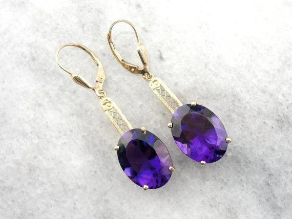 Ladies earrings chandelier statement pieces-Outstanding Amethyst in Filigree Drop Earrings, Handmade