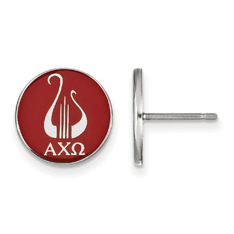 Ladies earrings gold-plated finishes-Sterling Silver Alpha Chi Omega Red Enamel Logo Disc Post Earrings