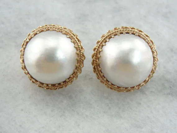 Ladies earrings birth month designs-Bold and Beautiful Mabe Pearl Earrings in Fine Gold