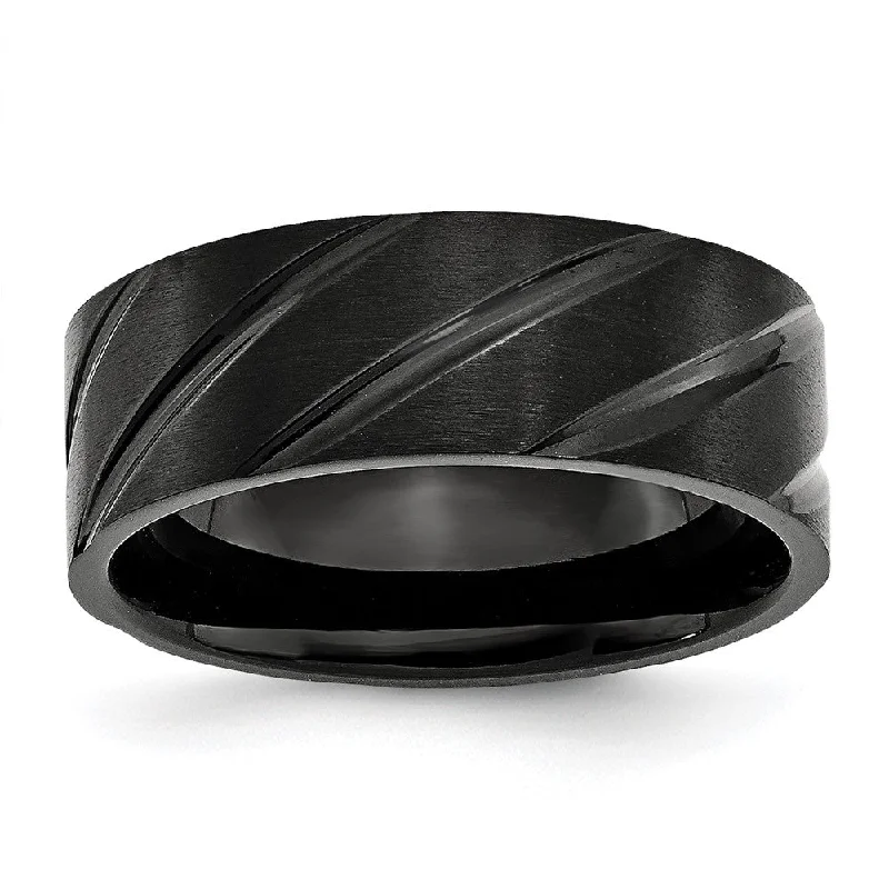 Ladies rings slip-on ring styles-8mm Black Plated Titanium Brushed Grooved Standard Fit Band