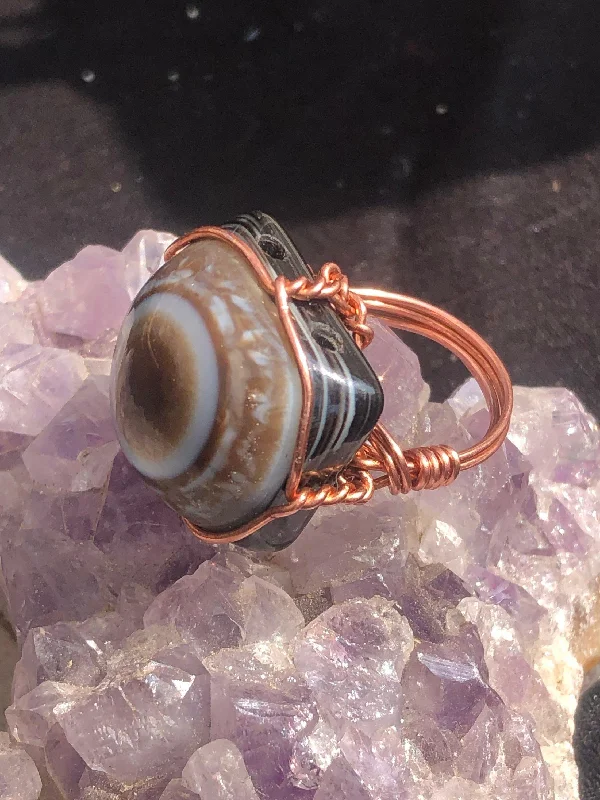 Ladies rings red diamond designs-Evil Eye Sardonyx Crystal Copper Wirewrapped Ring