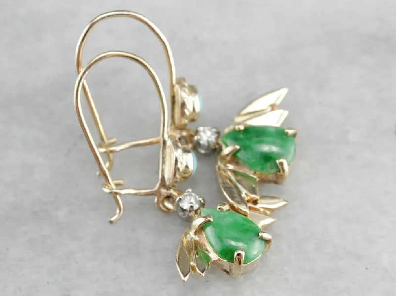 Ladies earrings raised detail styles-Vintage Jade Diamond and Turquoise Drop Earrings