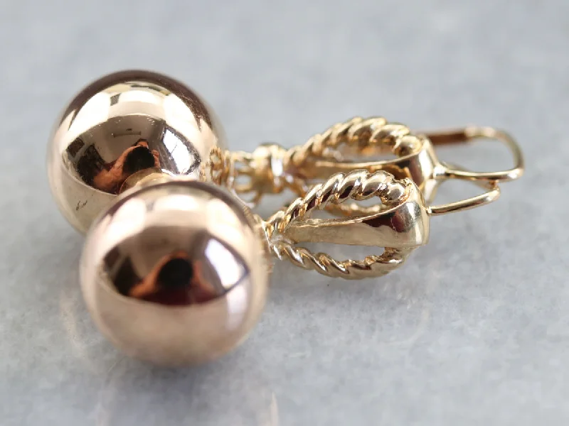 Ladies earrings pink diamond styles-Gold Rope Twist Ball Drop Earrings