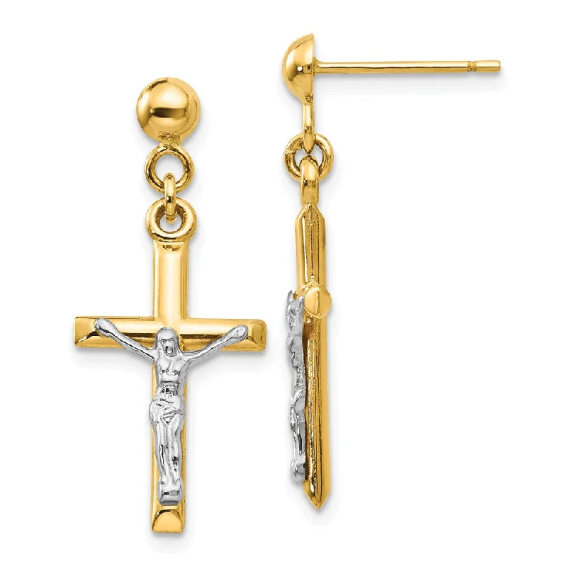 Ladies earrings summer vibe earrings-3D Hollow Crucifix Dangle Post Earrings in 14k Two Tone Gold