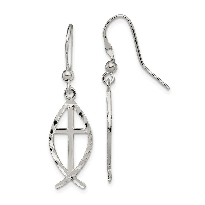 Ladies earrings low maintenance styles-Diamond Cut Ichthus Cross Dangle Earrings in Sterling Silver