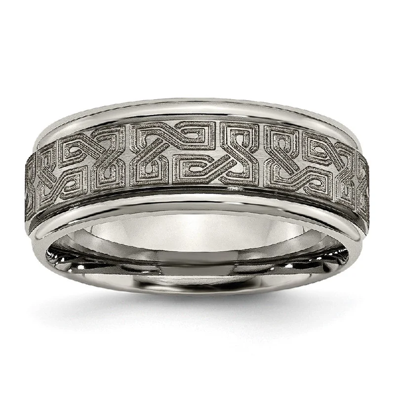 Ladies rings personalized touch options-8mm Titanium Lasered Greek Key Grooved Edge Standard Fit Band