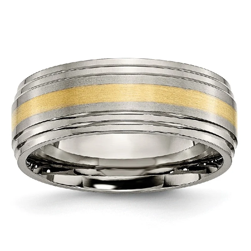 Ladies rings office-friendly elegance-8mm Titanium & 14k Gold Inlay Flat Double Ridge Edge Standard Fit Band