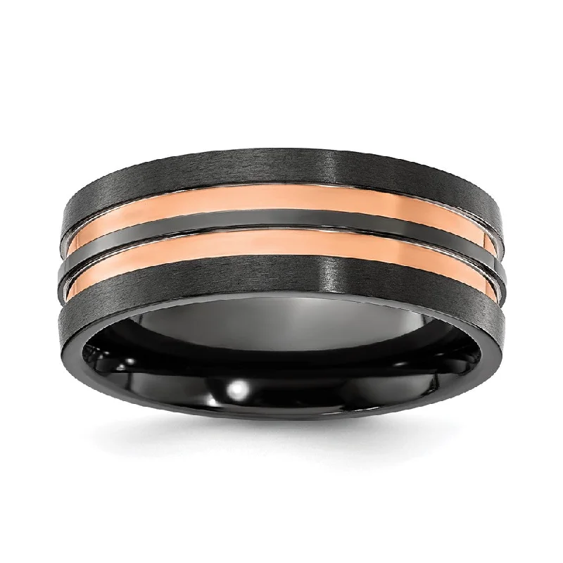 Ladies rings conflict-free gemstones-8mm Black Zirconium & Rose Tone Grooved Standard Fit Band