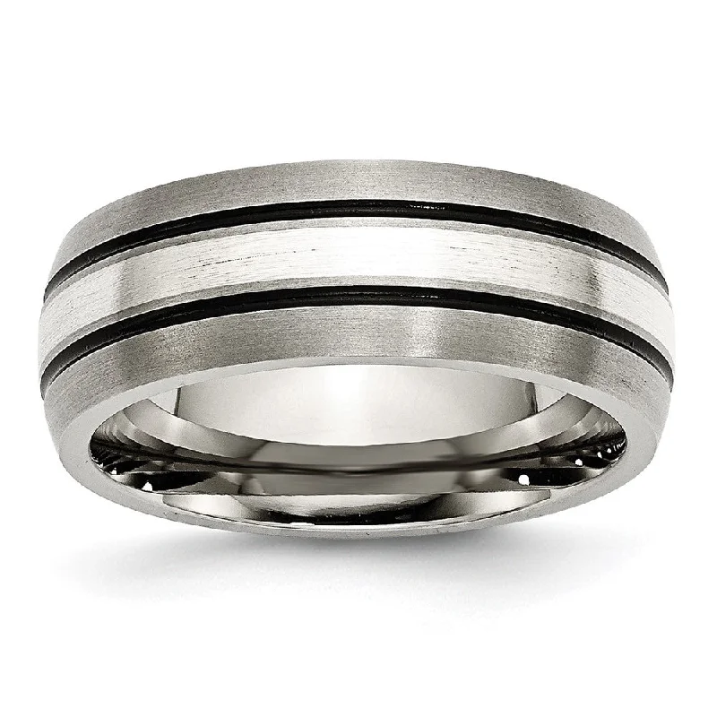 Ladies rings star motif accents-8mm Titanium & Sterling Silver Inlay Antiqued/Brushed Grooved Band