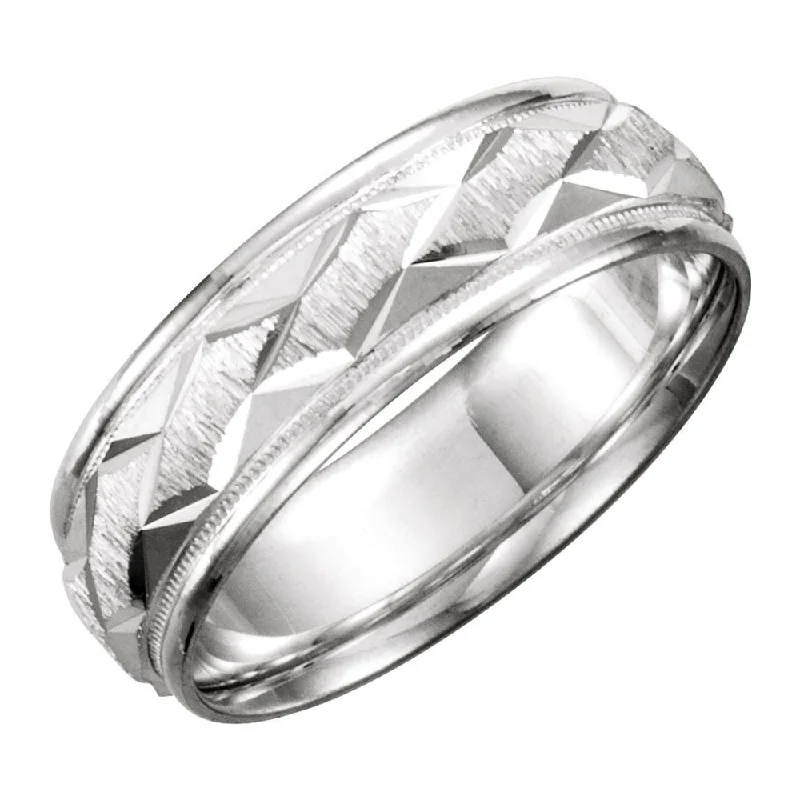 Ladies rings cultural celebration styles-7mm 14K White Gold Carved Design Comfort Fit Band