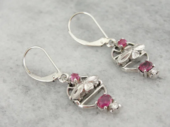 Ladies earrings luxurious bold designs-Platinum and Ruby Retro Era Drop Earrings