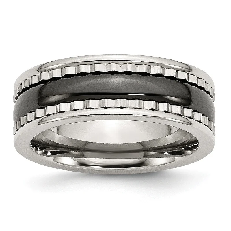 Ladies rings exclusive craft styles-8mm Sawtooth Accent Stainless Steel and Black Ceramic Band