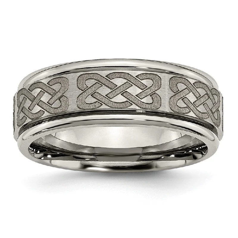 Ladies rings star motif accents-8mm Titanium Laser Etched Celtic Grooved Edge Standard Fit Band