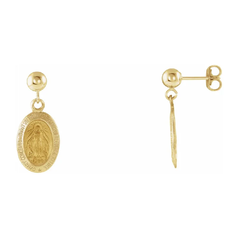 Ladies earrings sister matching sets-14K Yellow Gold Miraculous Medal Dangle Post Earrings, 9 x 21mm