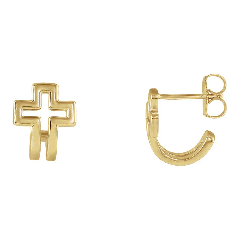 Ladies earrings hoop design classics-9x11mm (3/8 x 7/16 Inch) 14k Yellow Gold Voided Cross J-Hoop Earrings