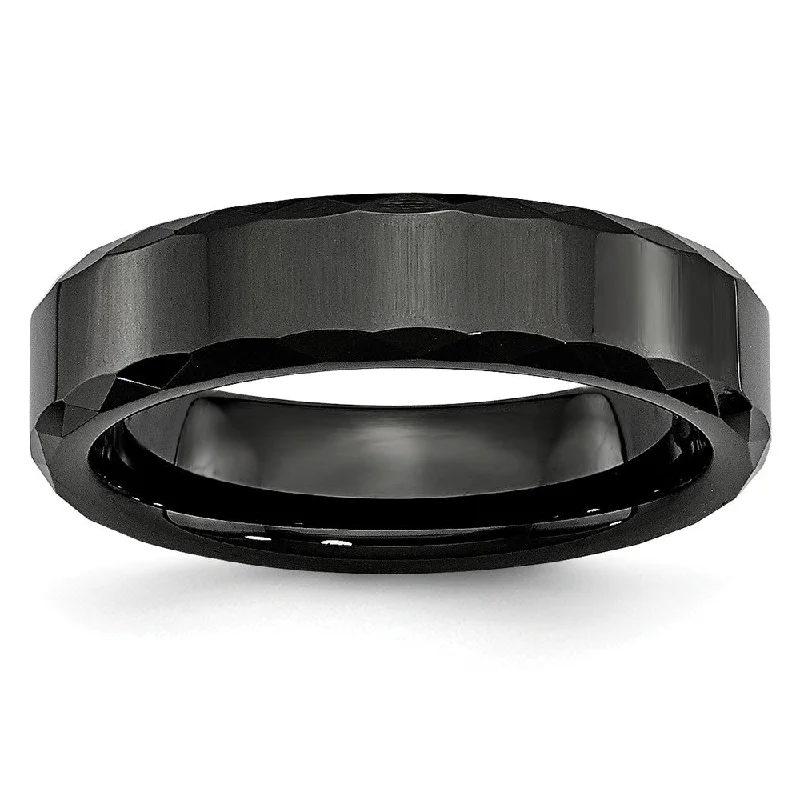 Ladies rings emerald cut rings-Black Ceramic, 6mm Faceted Edge Comfort Fit Band