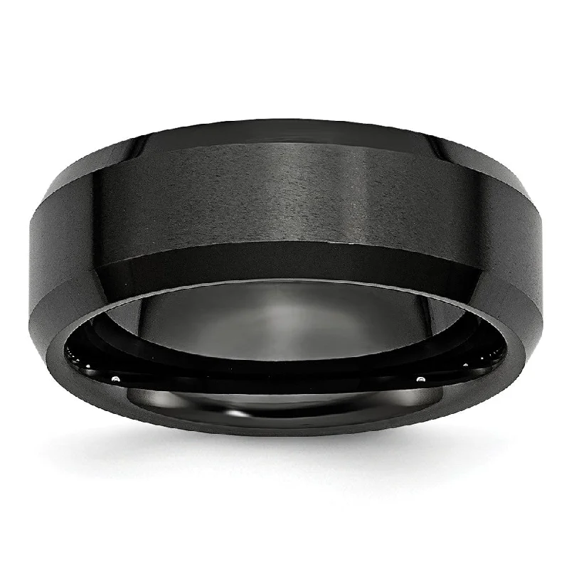 Ladies rings polished shiny styles-Black Ceramic, 8mm Beveled Edge Unisex Comfort Fit Band