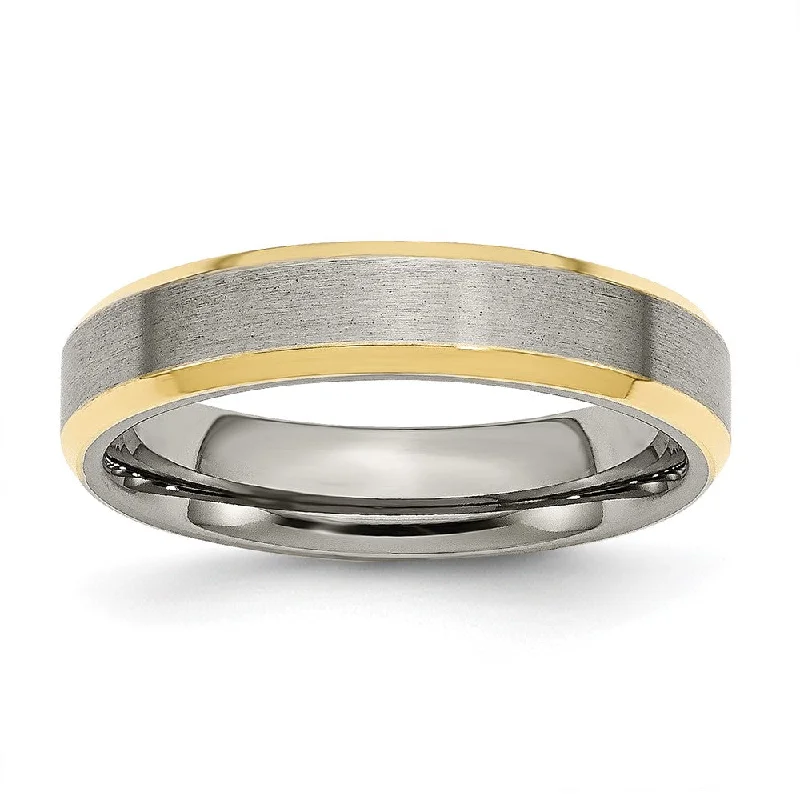 Ladies rings simple shape rings-5mm Titanium & Gold Tone Flat Beveled Edge Standard Fit Band