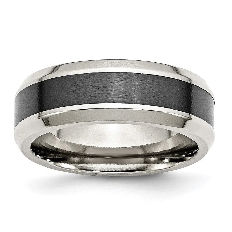 Ladies rings delicate thin bands-8mm Stainless Steel & Black Ceramic Center Beveled Standard Fit Band