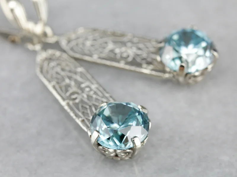 Ladies earrings subtle hue styles-Blue Zircon Filigree Drop Earrings in White Gold with Leverbacks