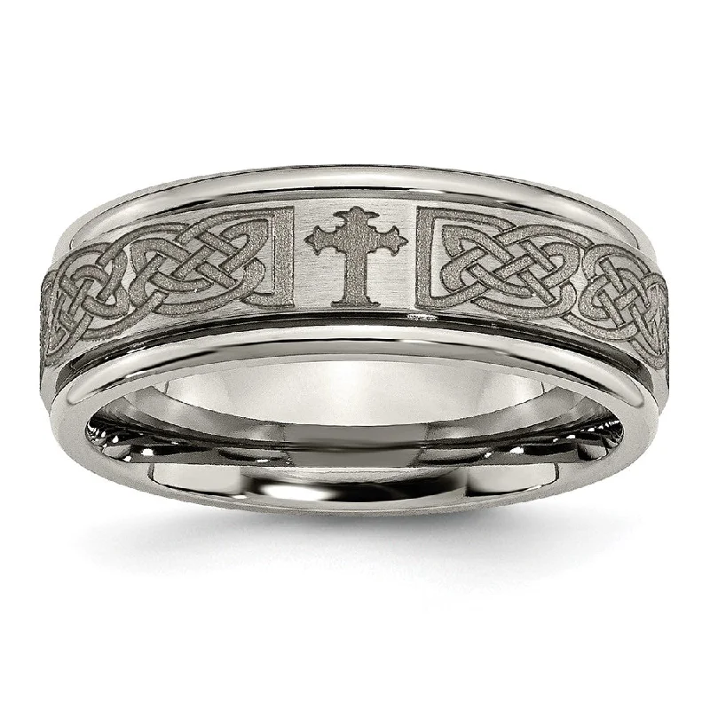 Ladies rings synthetic jewel options-8mm Titanium Lasered Celtic Cross Grooved Edge Standard Fit Band