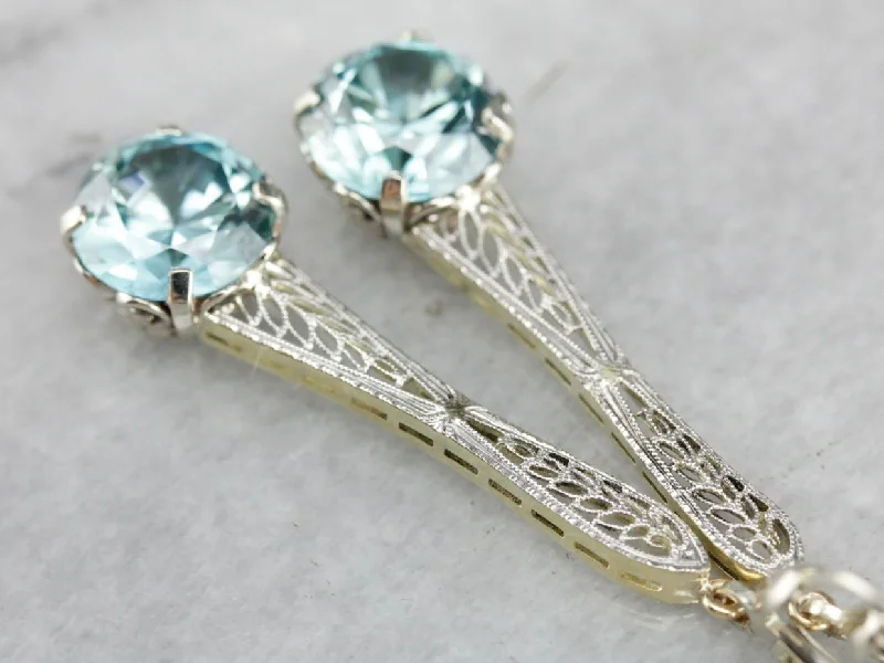 Ladies earrings muted tone earrings-Blue Zircon Filigree Drop Earrings