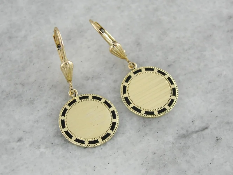 Ladies earrings comfort fit styles-Retrofitted Antique Black Enamel Cufflink Earrings, Circular in Shape with Yellow Gold Leverbacks