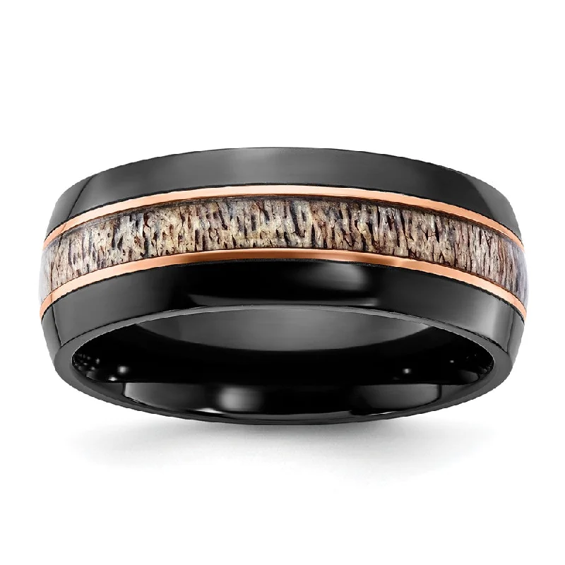 Ladies rings hammered craft looks-8mm Black Zirconium, Rose Tone & Tan Antler Inlay Standard Fit Band