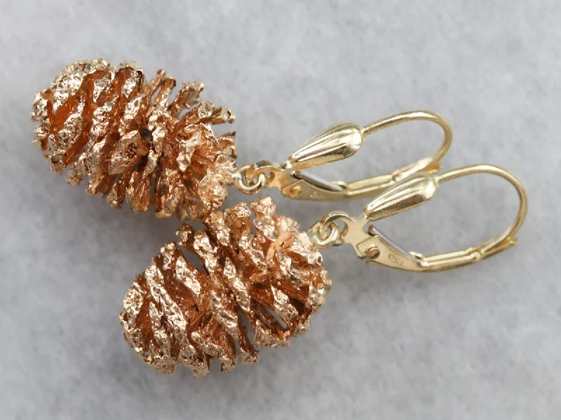 Ladies earrings ethical diamond designs-Two Tone Pine Cone Drop Earrings