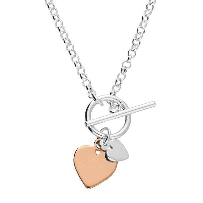 Ladies necklaces geometric shape styles-Sterling Silver & Rose Gold Mini Heart Necklace with T-Bar