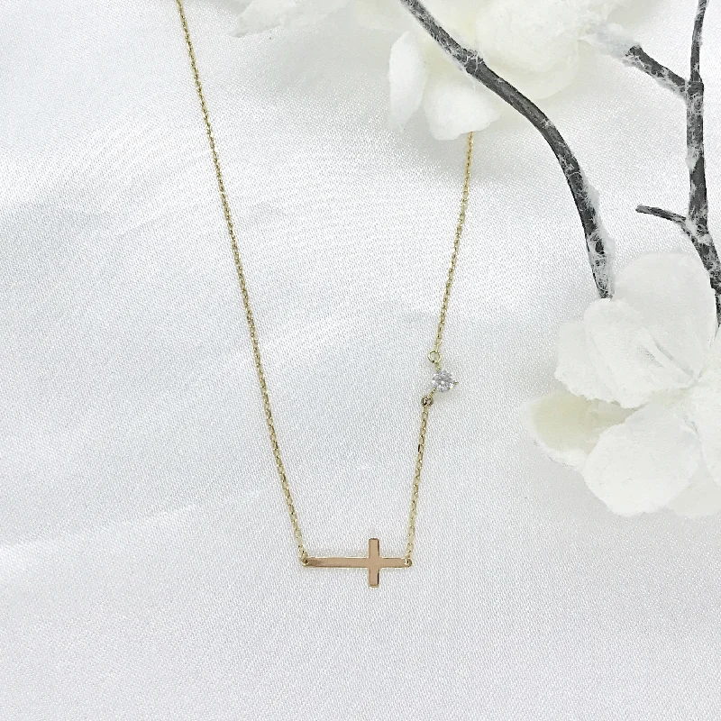 Ladies necklaces age-appropriate designs-10K Gold Sideways Cross Necklace with CZ