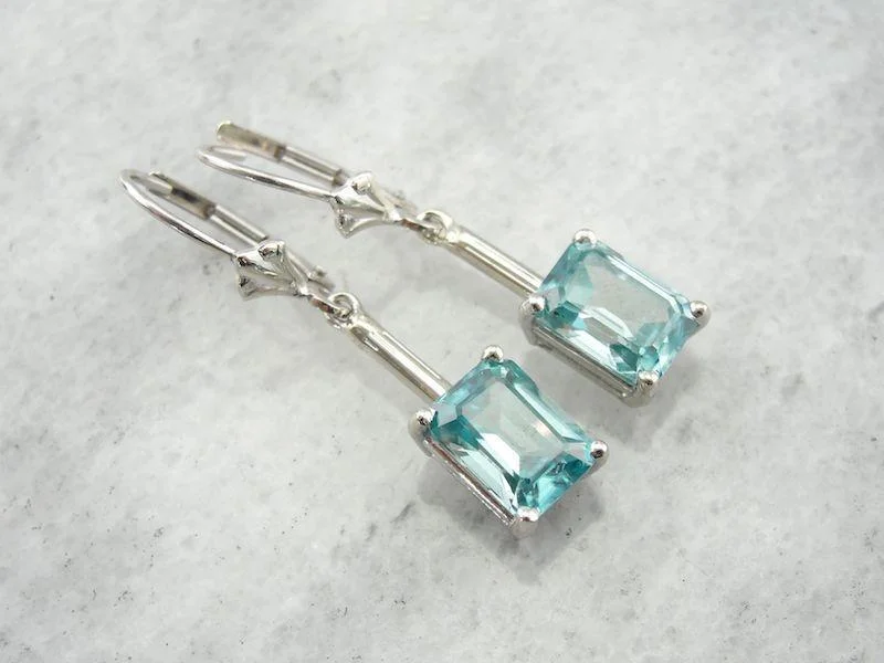 Ladies earrings sun motif designs-Simple Blue Zircon Drop Earrings in White Gold