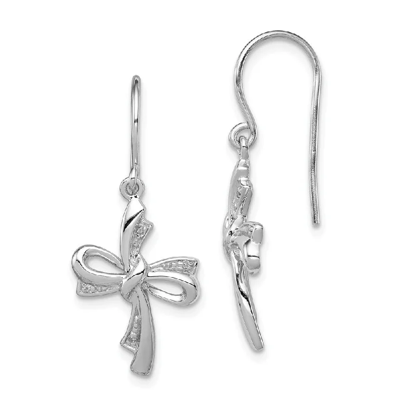 Ladies earrings tapered drop earrings-Diamond Ribbon Cross Dangle Earrings in Sterling Silver