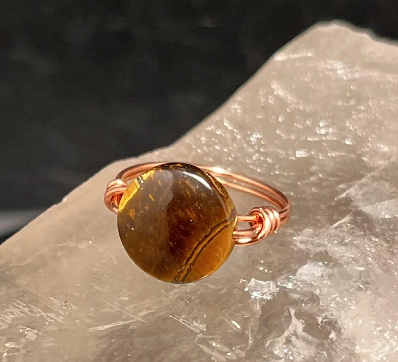 Ladies rings conflict-free gemstones-Tigers Eye Disc Copper Bead Ring