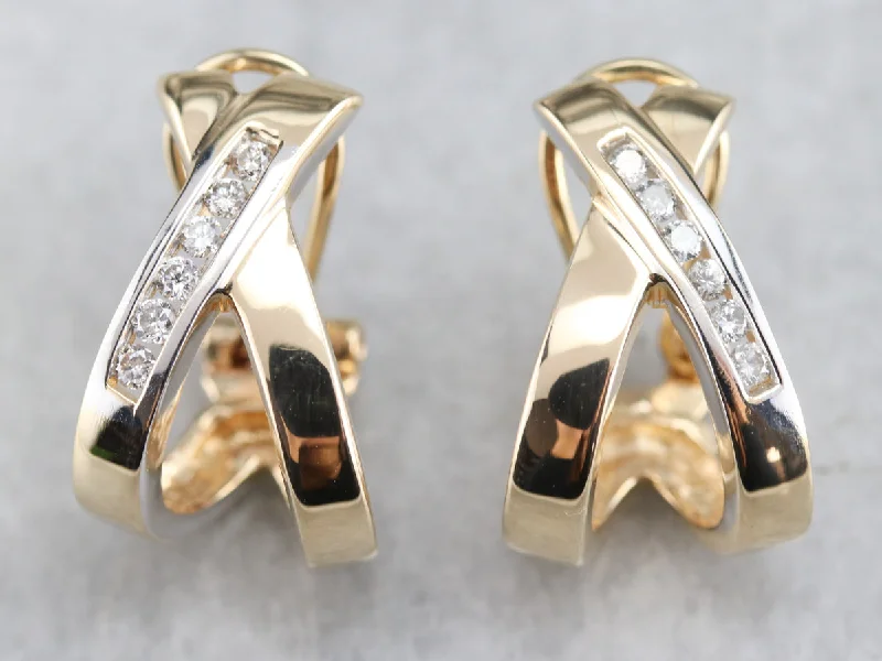 Ladies earrings tri-color styles-Diamond Drop Hoop Earrings