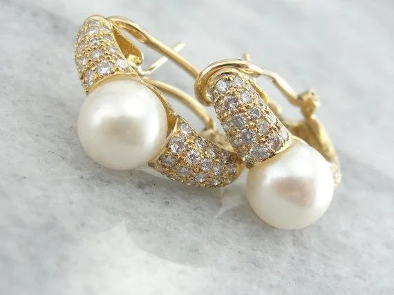 Ladies earrings rose gold finishes-Diamonds and Mabe Pearl Earrings in Fine Gold