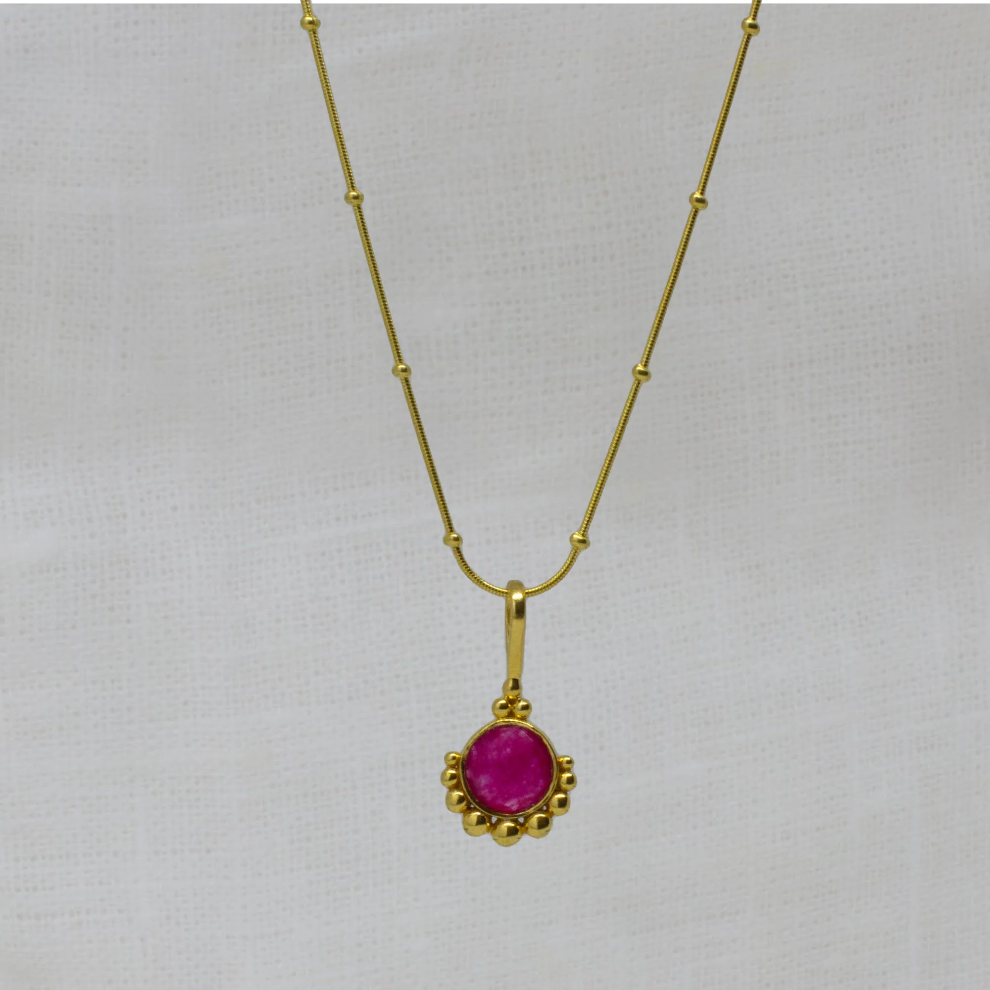 Ladies necklaces channel set necklaces-18ct Gold Vermeil Dot Pink Quartz Pendant Necklace