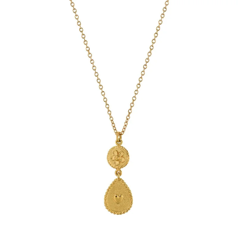 Ladies necklaces starburst pendant picks-Alex Monroe Gold Heart and Flower Drop Necklace