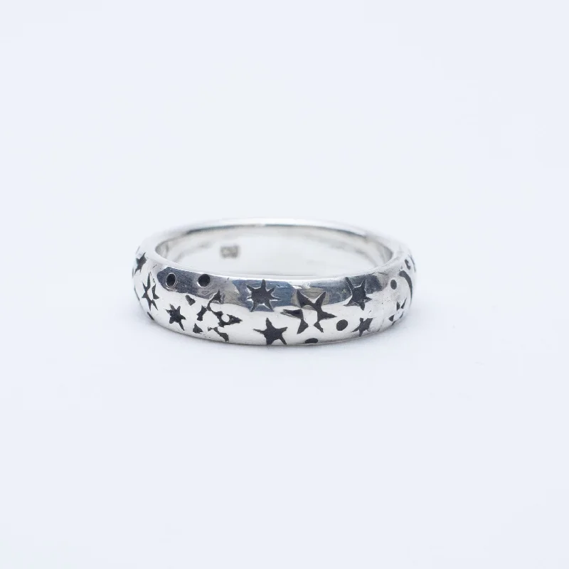 Ladies rings Thanksgiving gift rings-Silver Stamped Star & Moon Band