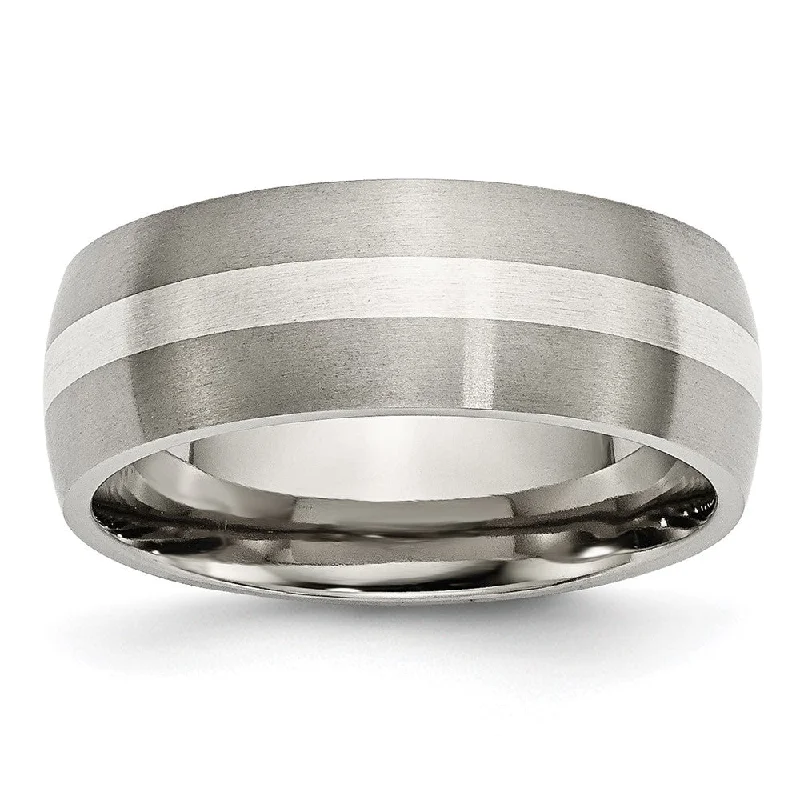 Ladies rings middle finger looks-8mm Titanium & Sterling Silver Brushed Domed Standard Fit Band