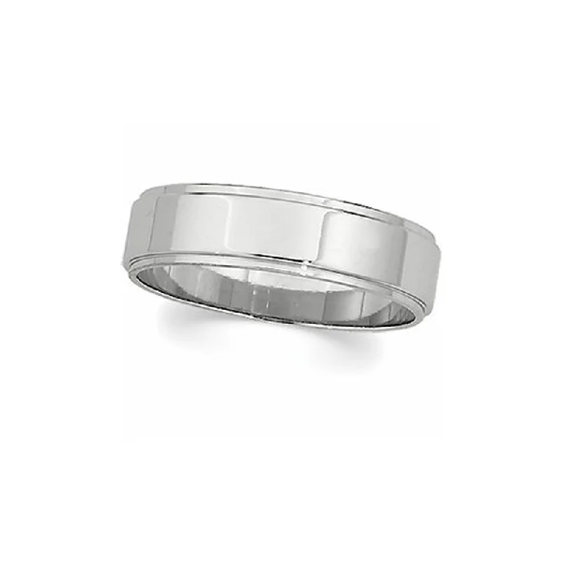 Ladies rings iridescent finish designs-8mm Flat Ridged Edge Wedding Band in 14k White Gold