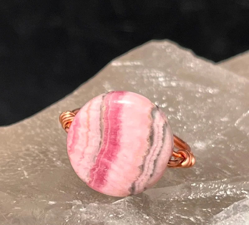 Ladies rings polished shiny styles-Rhodochrosite from Argentina Copper Bead Ring