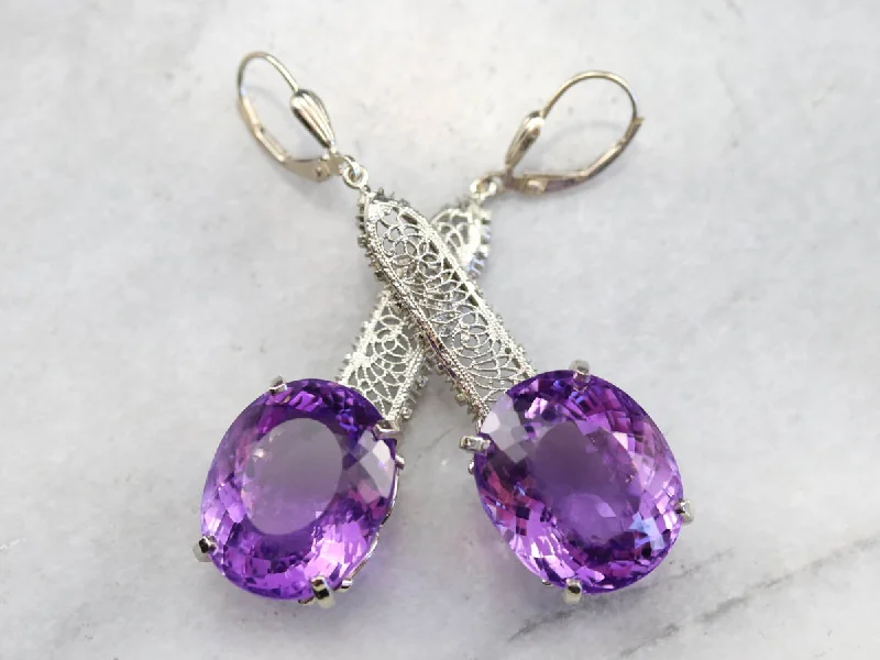 Ladies earrings Thai intricate styles-Bold Amethyst Gemstone Drop Earrings