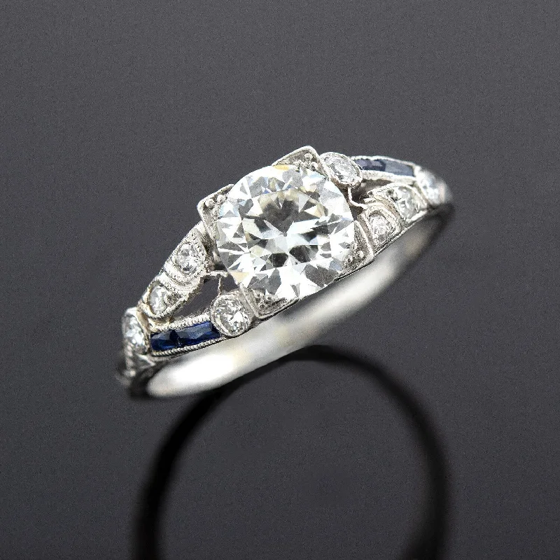 Ladies engagement rings resin halo designs-Art Deco Old European Cut Diamond + Sapphire Engagement Ring 1.20ct Center