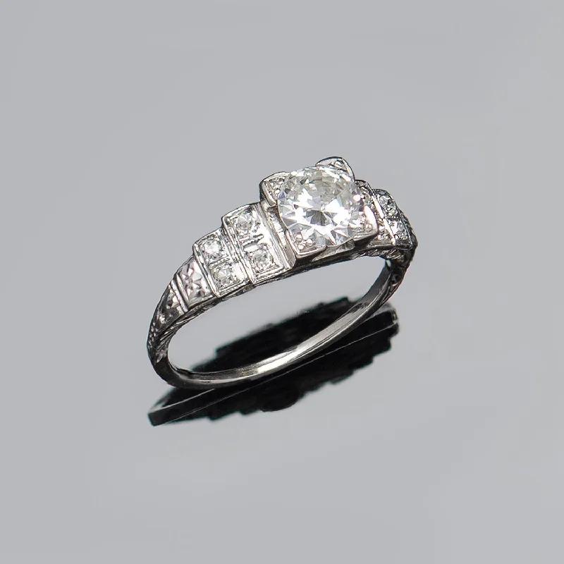 Ladies engagement rings Indian gemstone cuts-Art Deco Platinum Diamond Engagement Ring .82ct Center