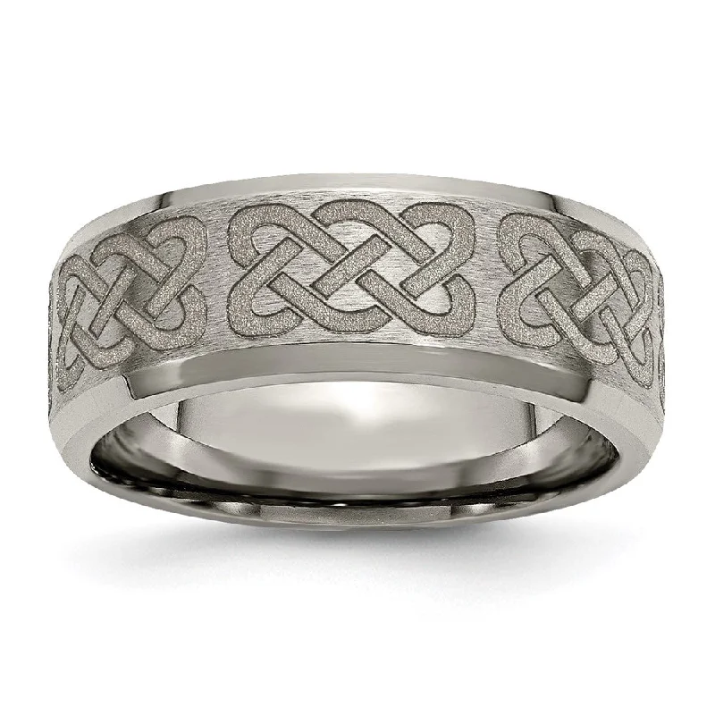 Ladies rings classic vintage looks-8mm Titanium Laser Etched Celtic Design Beveled Edge Standard Fit Band