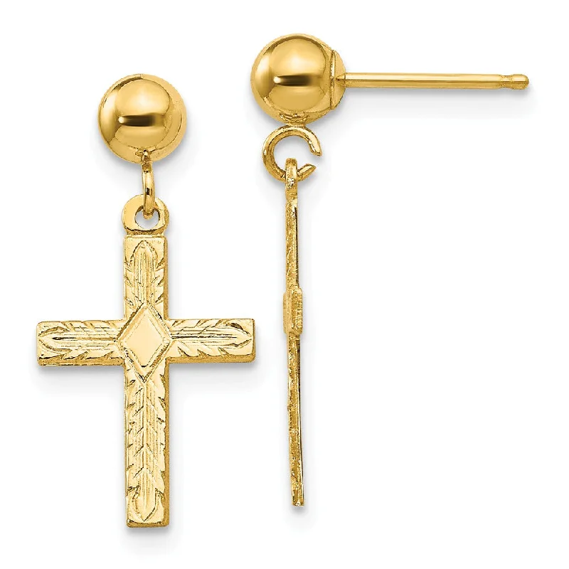 Ladies earrings baguette cut designs-13mm Textured Cross Dangle Post Earrings in 14k Yellow Gold