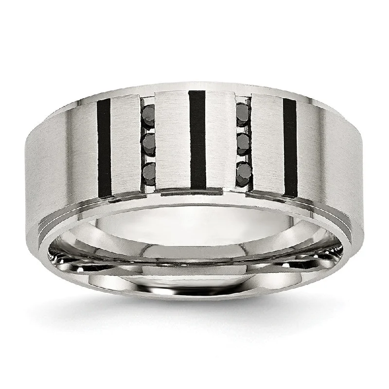 Ladies rings French elegance designs-9mm Stainless Steel & 1/6 Ctw Black Diamond Ridge Comfort Fit Band